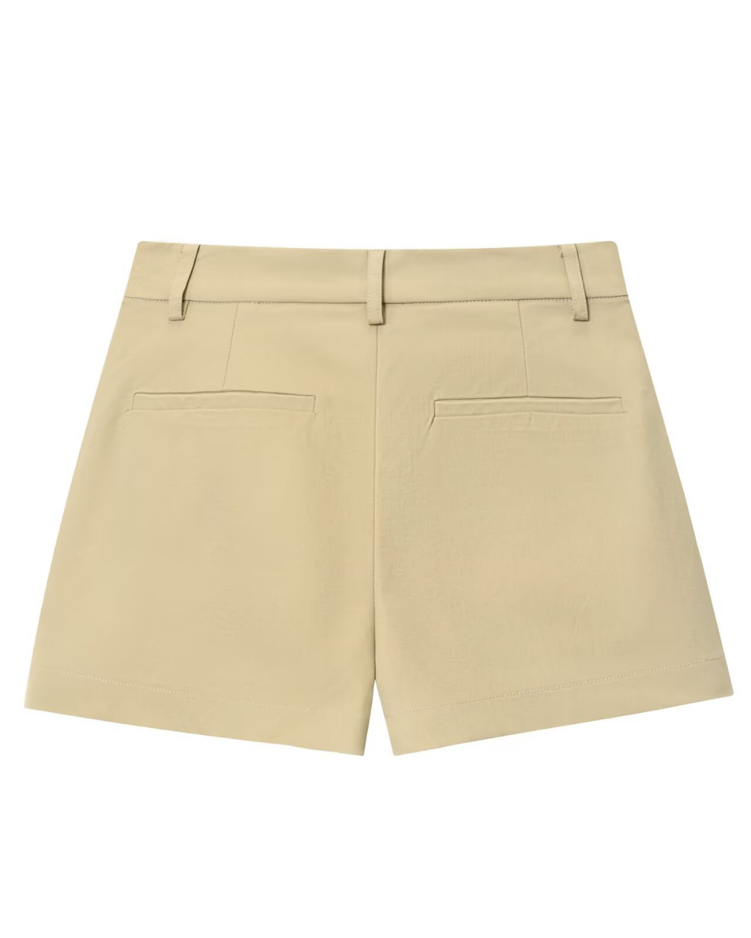 Flat lay of beige tailored shorts, back view
