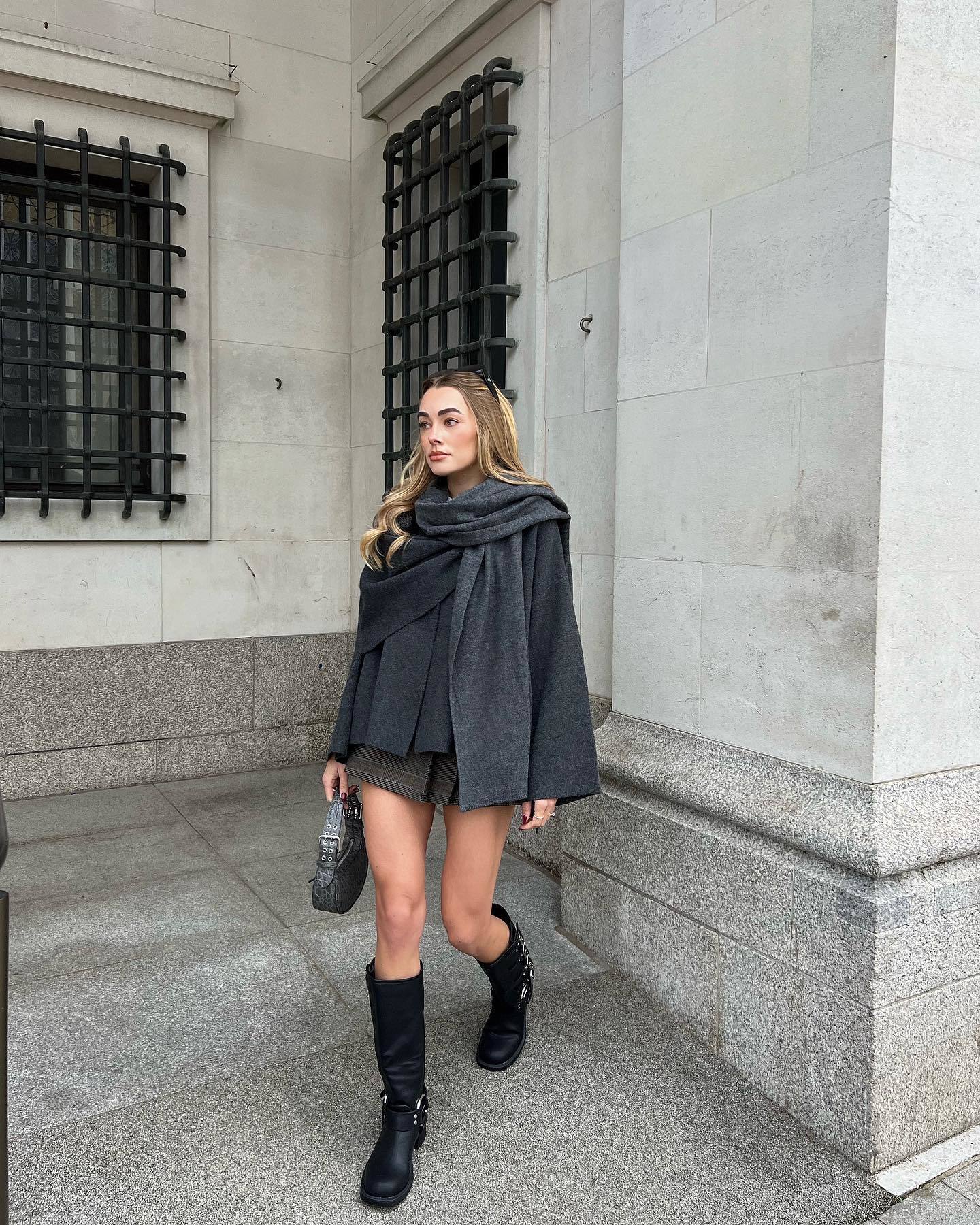 Charcoal short cape with wrapped scarf detail, front view on model