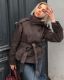 Brown short trench coat with belted waist, front view on model