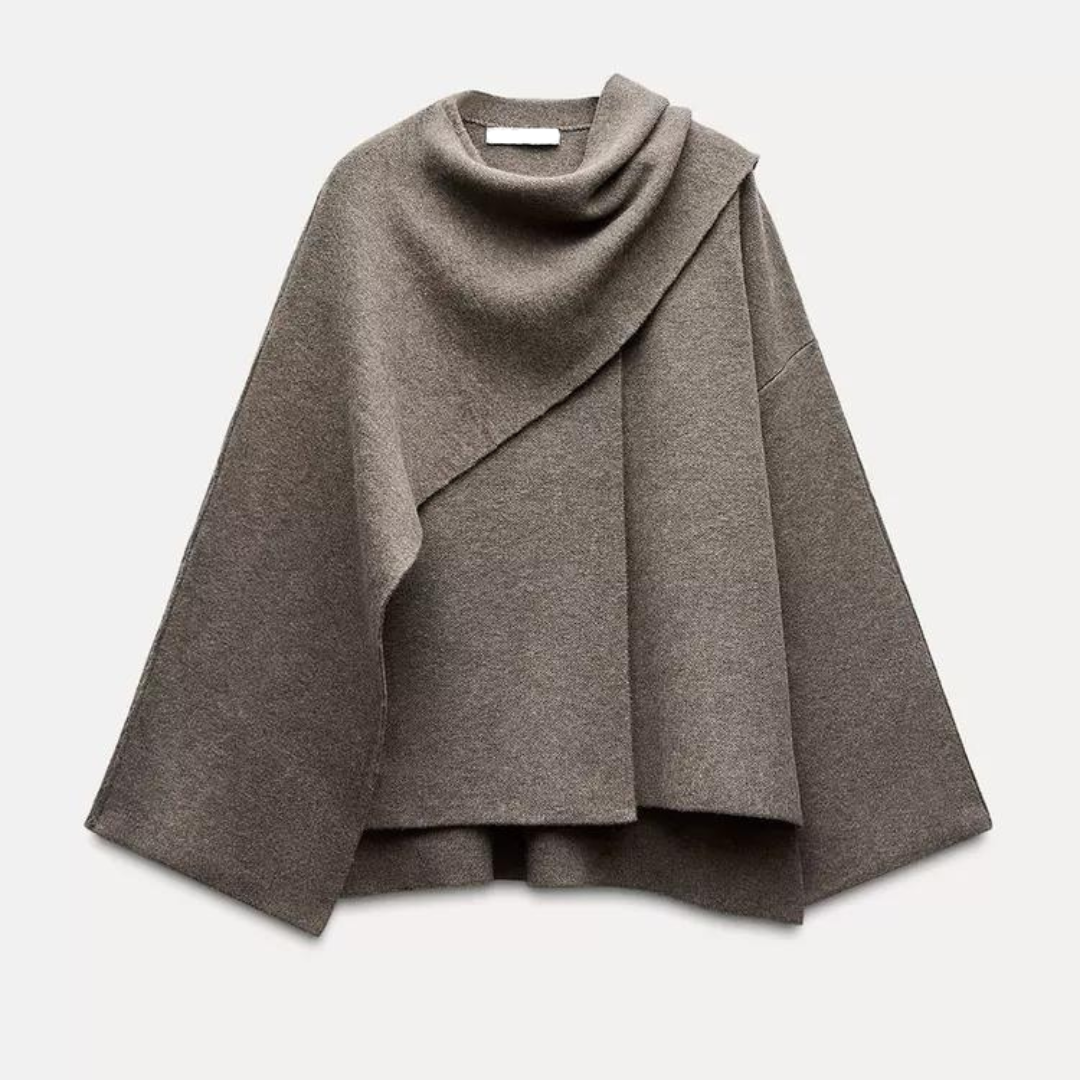 Taupe short cape with draped collar, flat lay product shot