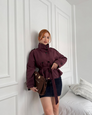 Wine red short belted trench coat, front view on model