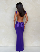 Purple maxi dress, close-up of the open back bow