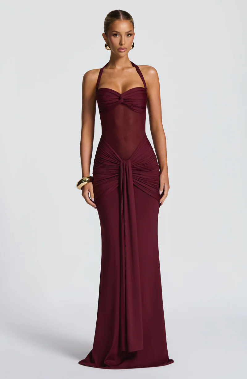 Wine halter neck maxi dress with ruched skirt, front view on model