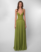 Olive green lace corset maxi dress with pleated skirt, front view on model