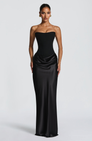 Black strapless satin maxi dress with draped skirt, front view on model