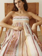 Close-up of striped strapless dress bodice on seated model