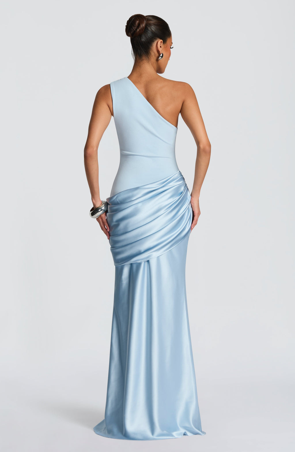 Ice blue satin one-shoulder maxi dress on model, back view