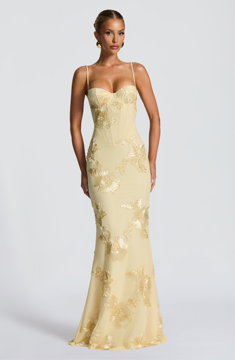 Lemon fitted maxi dress with gold floral embroidery, front view on model