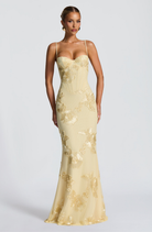 Lemon fitted maxi dress with gold floral embroidery, front view on model