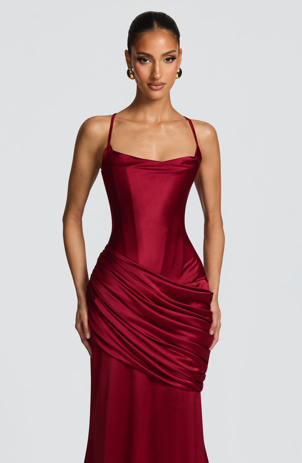 Burgundy satin gown, close-up of the ruched waist detail