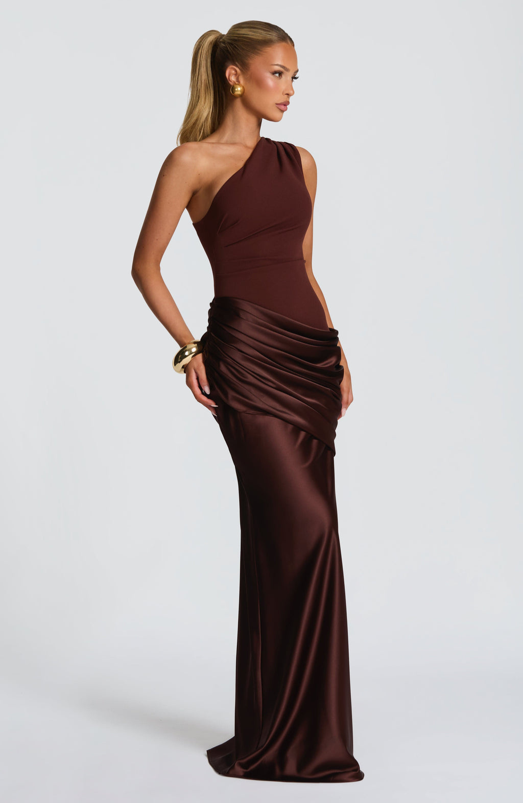 Mocha satin one-shoulder maxi dress on model, side view