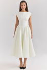 Ivory full-skirt midi dress with boat neckline, front view on model