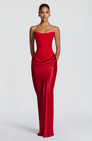 Red strapless satin maxi dress with draped skirt, front view on model