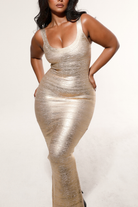 Gold bandage maxi dress with scoop neck, close-up front view