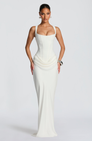 Ivory corset-style maxi dress on model, front view