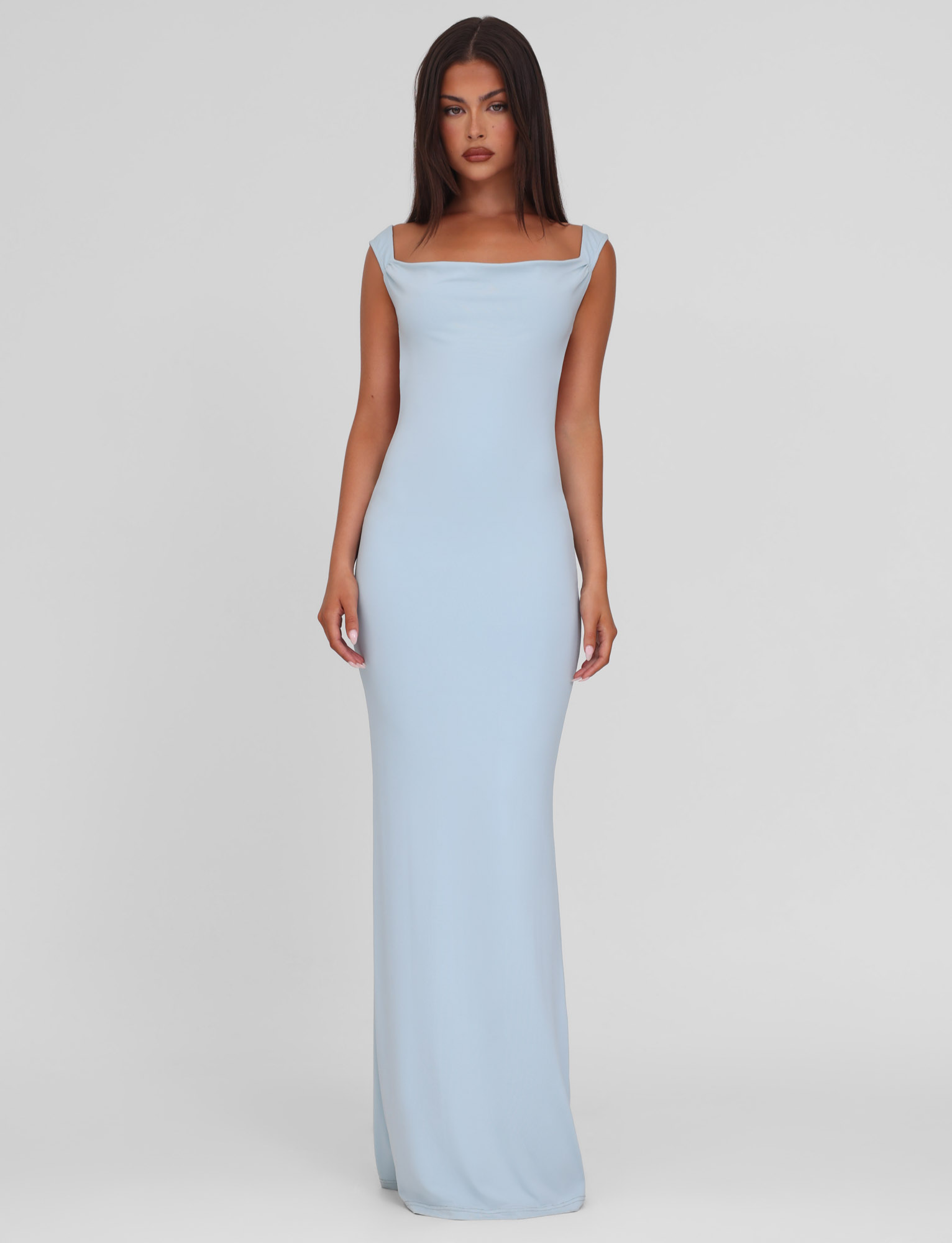 Baby blue asymmetric-neckline maxi dress, front view on model