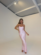 Pink satin slip maxi dress with lace bodice, alternate front view on model