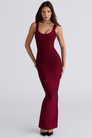 Ruby red bandage maxi dress with scoop neck, front view on model