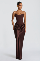 Chocolate brown strapless satin maxi dress, front view on model