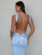 Baby blue maxi dress with open back and bow, back view on model