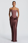 Mocha strapless satin maxi dress with draped skirt, front view on model