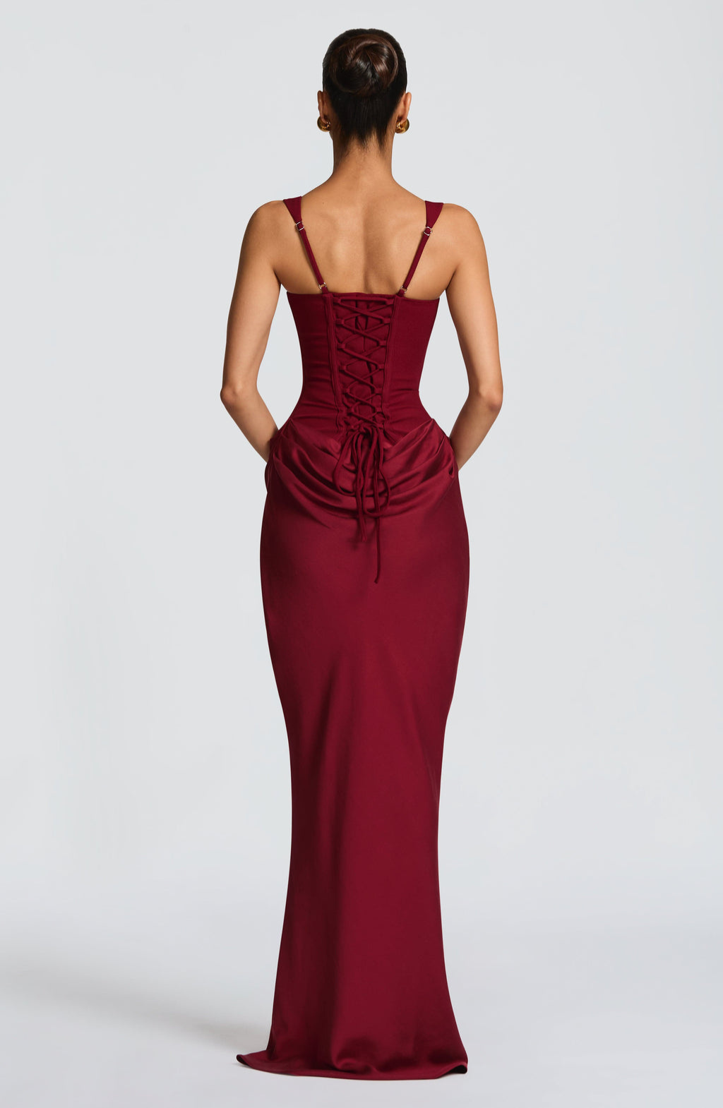 Burgundy corset maxi dress with lace-up back, back view