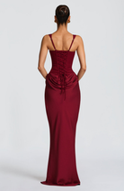 Burgundy corset maxi dress with lace-up back, back view