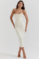 Ivory beaded-fringe corset midi dress, front view on model, hands on hips