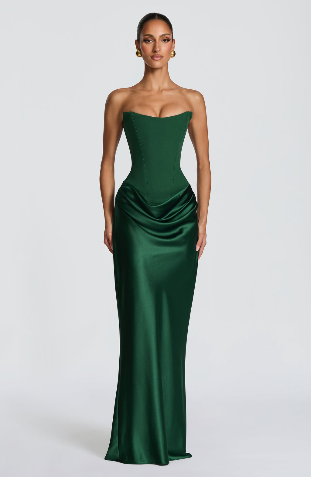 Emerald green strapless satin maxi dress with draped skirt, front view
