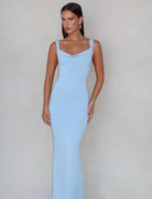 Baby blue maxi dress with sweetheart neckline, front view on model
