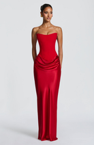 Red strapless satin maxi dress, front view on model, hands behind back