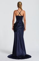 Navy satin gown with corset lace-up back, back view on model