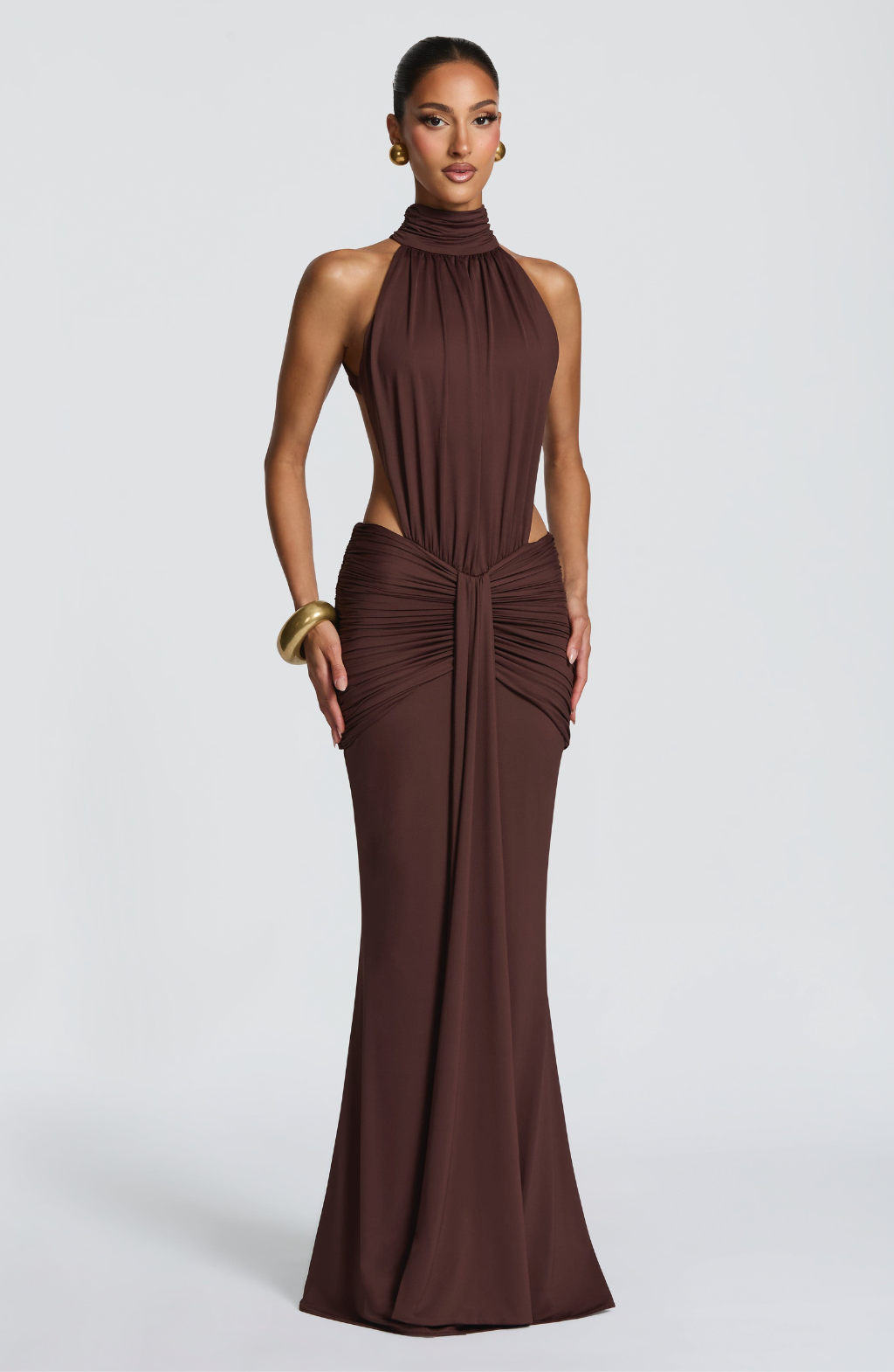 Mocha halter maxi dress with cutout waist, front view on model