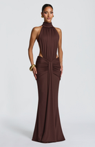 Mocha halter maxi dress with cutout waist, front view on model