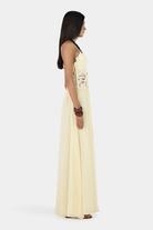 Butter lace maxi dress, full side profile view on model
