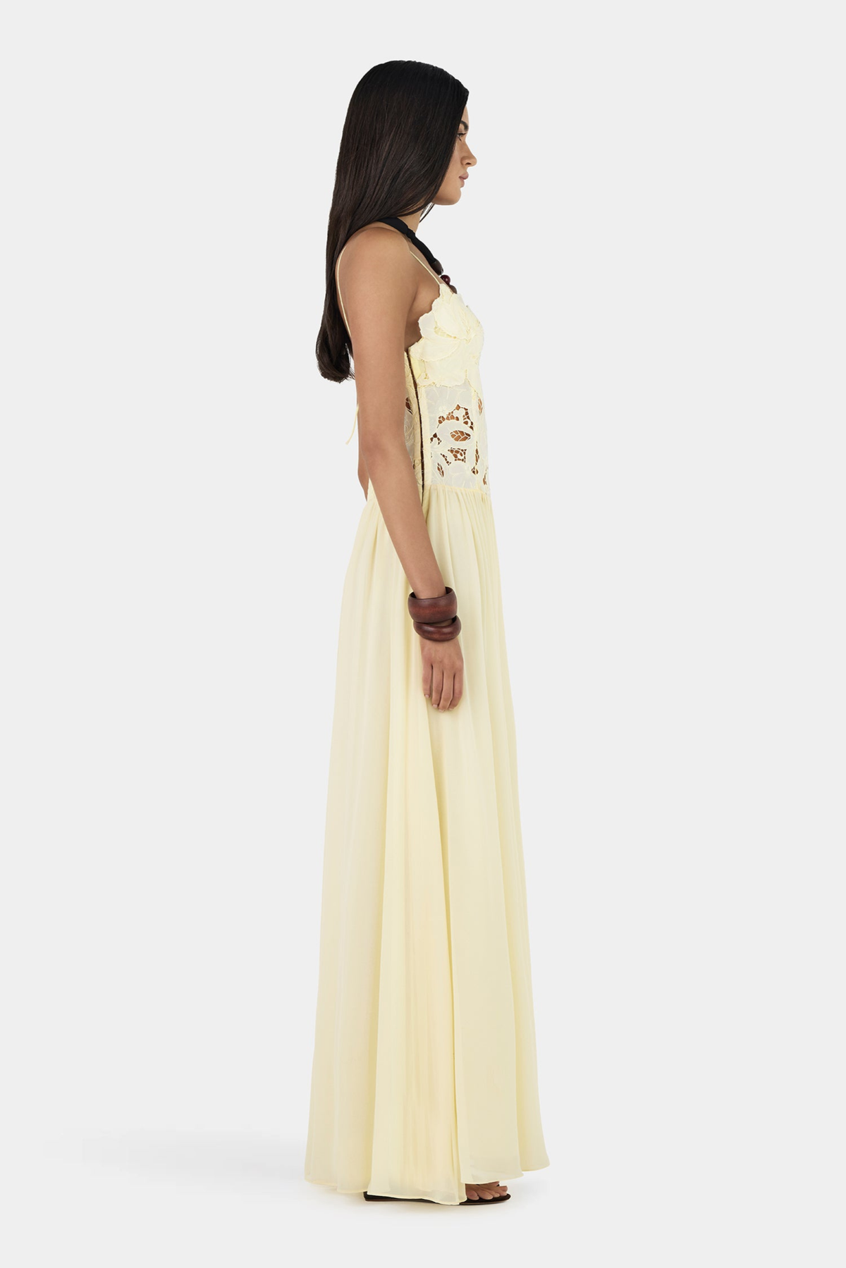 Butter lace maxi dress, full side profile view on model
