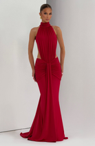 Red halter maxi dress with cutout waist, straight-on front view