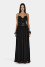 Black lace maxi dress with scalloped bodice, front view on model