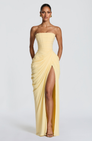 Lemon strapless maxi dress with thigh-high split, front view on model