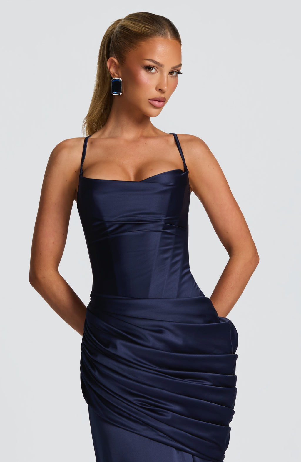 Navy satin gown, close-up of the sweetheart bodice