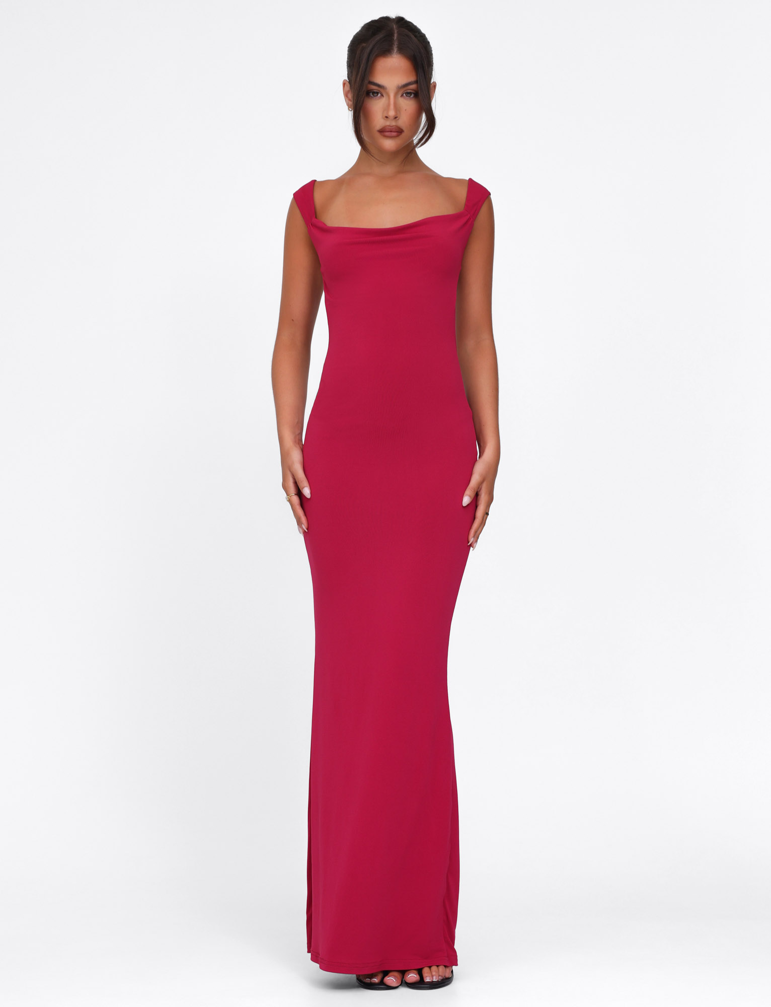 Deep red bardot-neckline maxi dress, front view on model