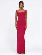 Deep red bardot-neckline maxi dress, front view on model