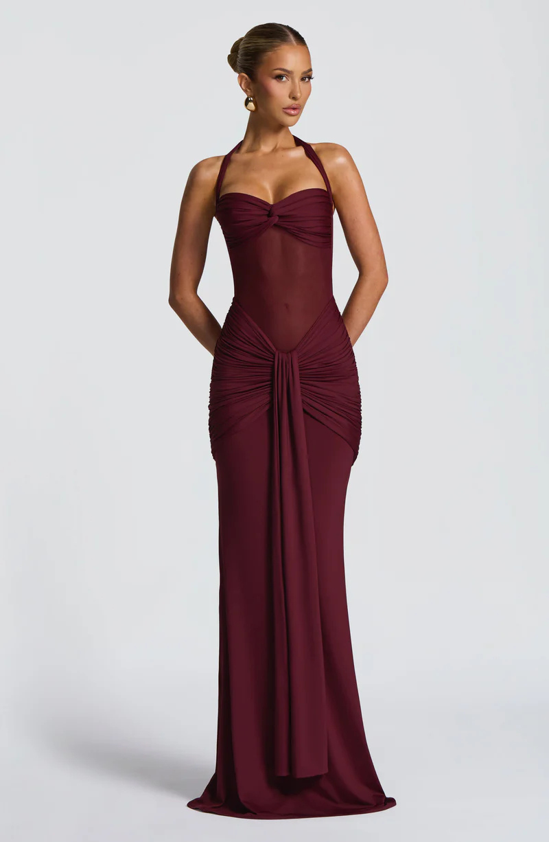 Wine halter neck maxi dress, front view with hands behind back