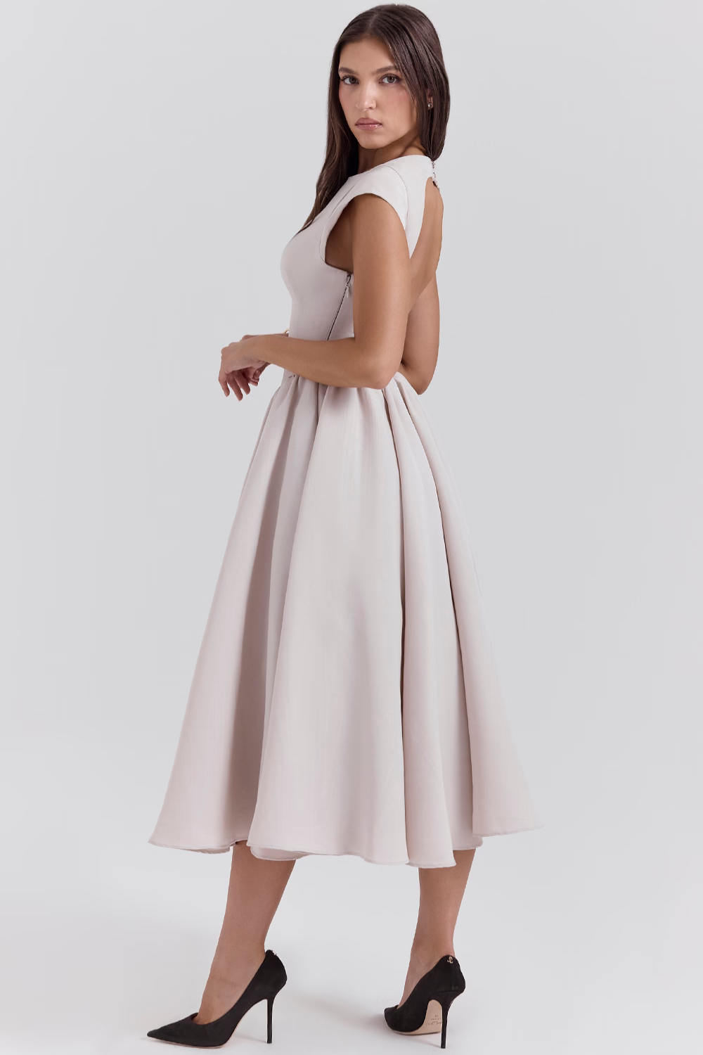 French dove grey full-skirt midi dress, side view on model