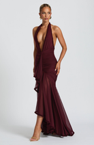 Cherry red mesh halter maxi dress, three-quarter front view on model