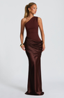 Mocha satin one-shoulder maxi dress on model, front view