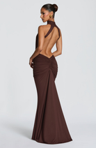 Mocha backless maxi dress with ruched skirt, back view on model
