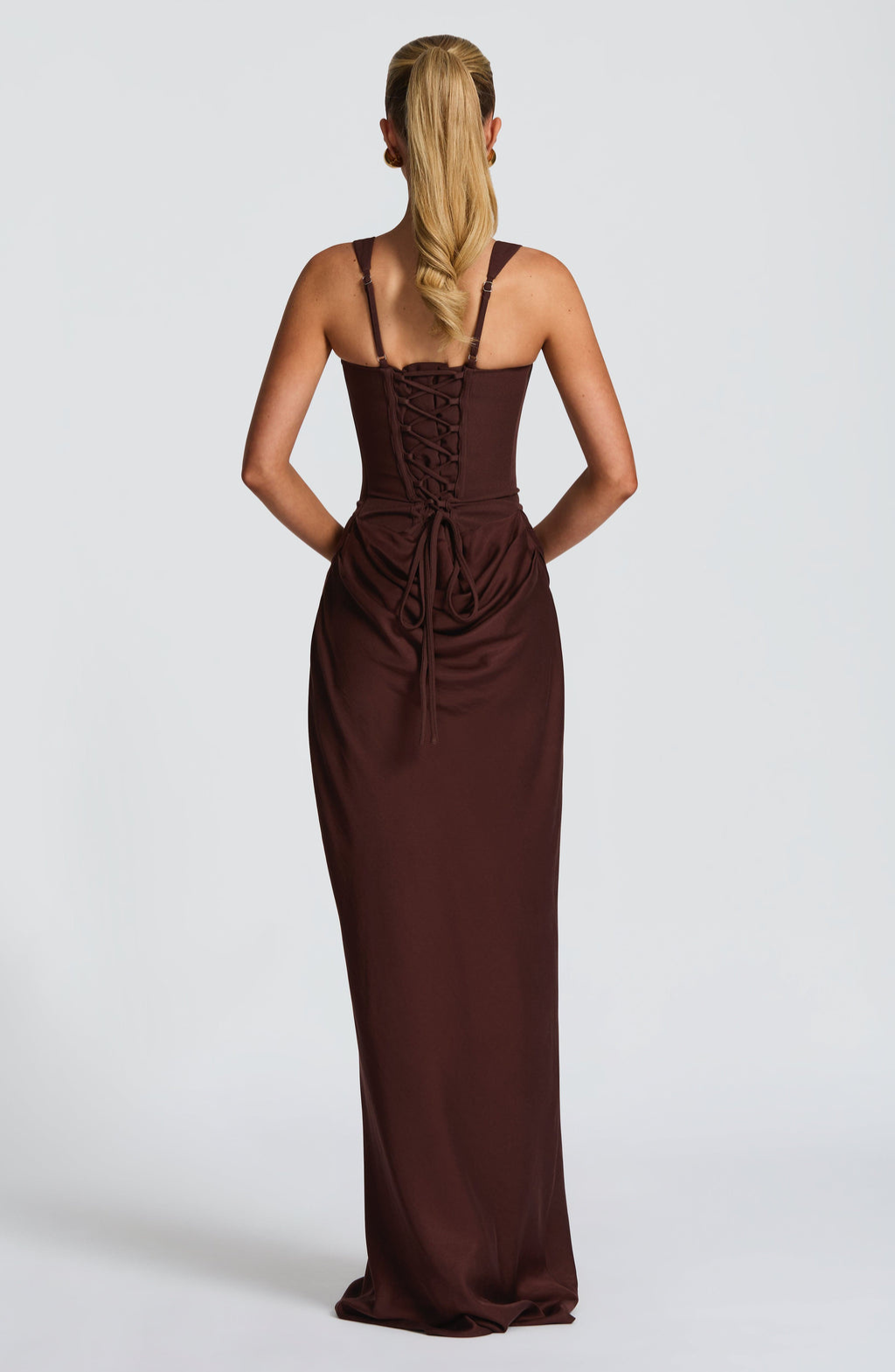 Mocha corset maxi dress with lace-up back, back view