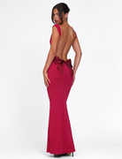 Deep red maxi dress with open back and bow detail, back view on model