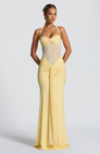 Lemon halter neck maxi dress with ruched skirt, front view on model